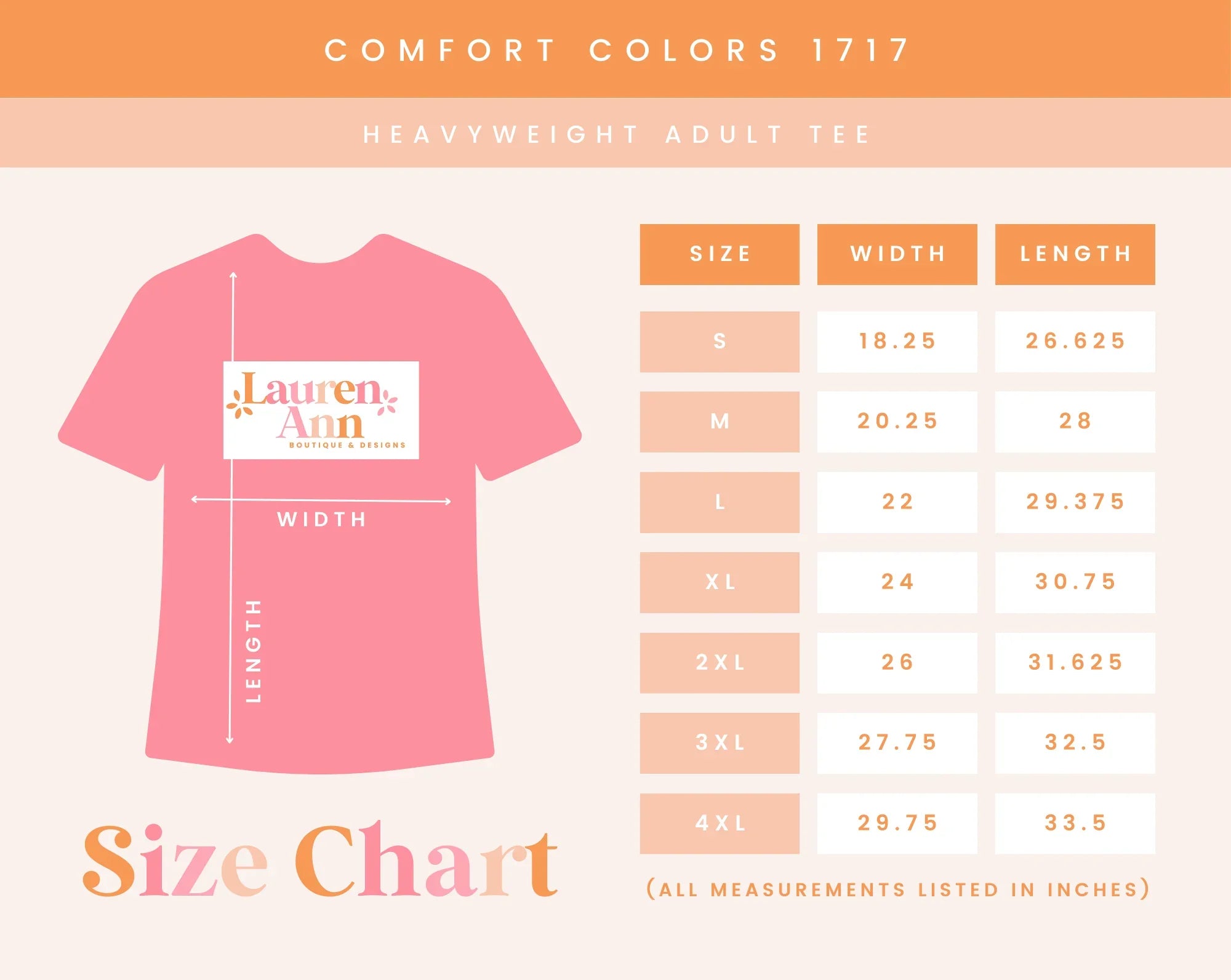Comfort Colors 1717 heavyweight adult tee size chart with width and length measurements in inches
