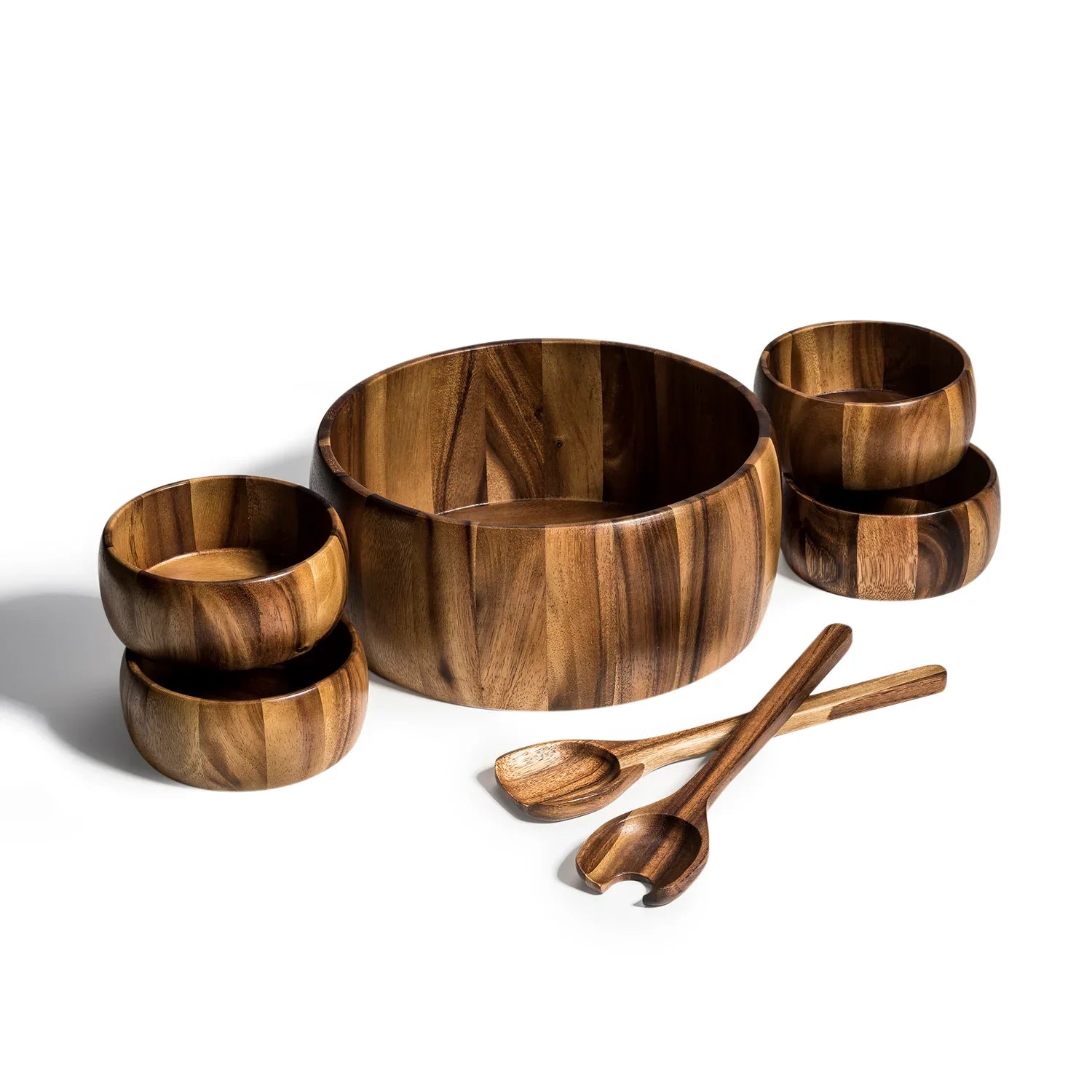 Handcrafted wooden salad bowl set with four matching bowls and two serving utensils, eco-friendly gift
