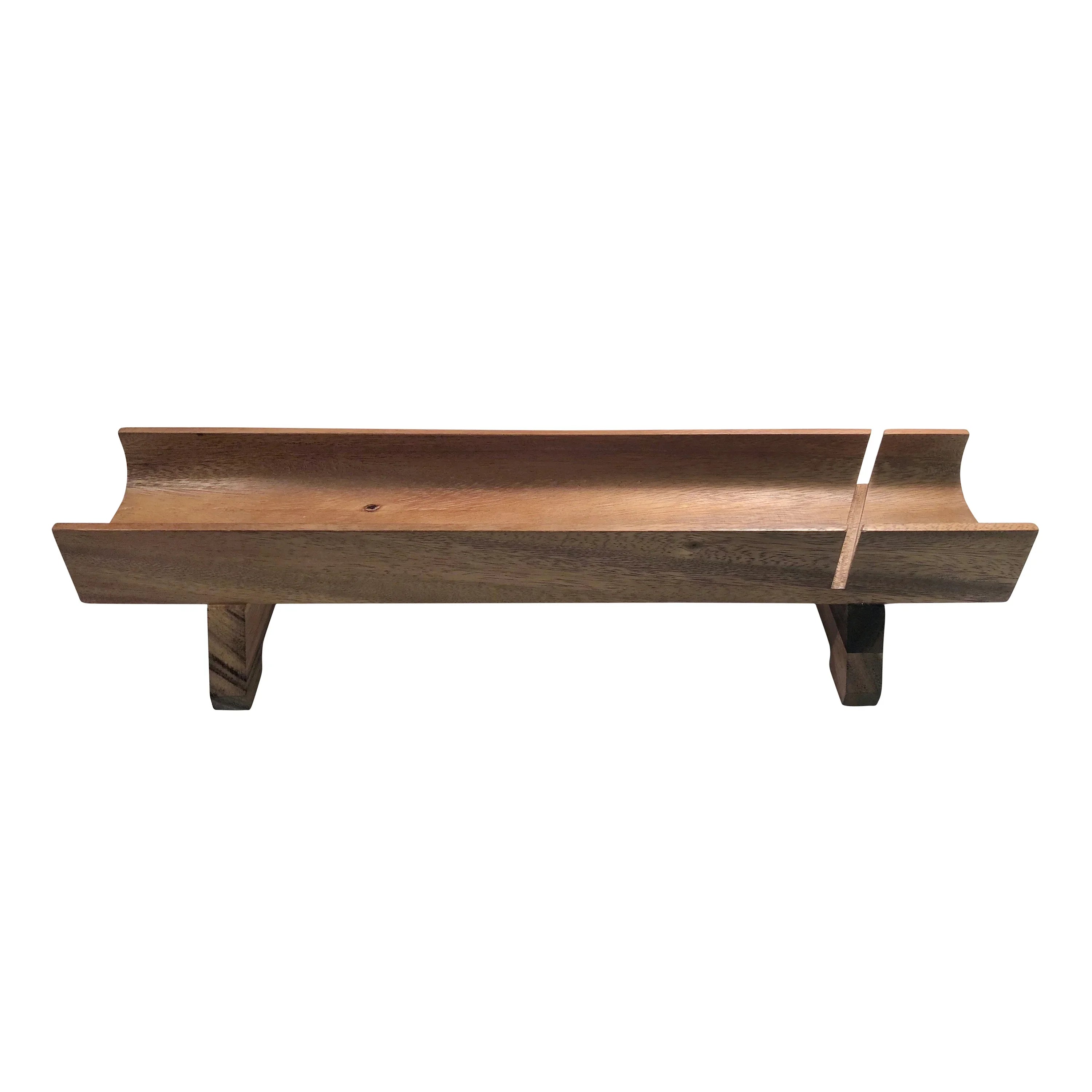 Handcrafted wooden tray with modern minimalist design on short legs, eco-friendly decor.