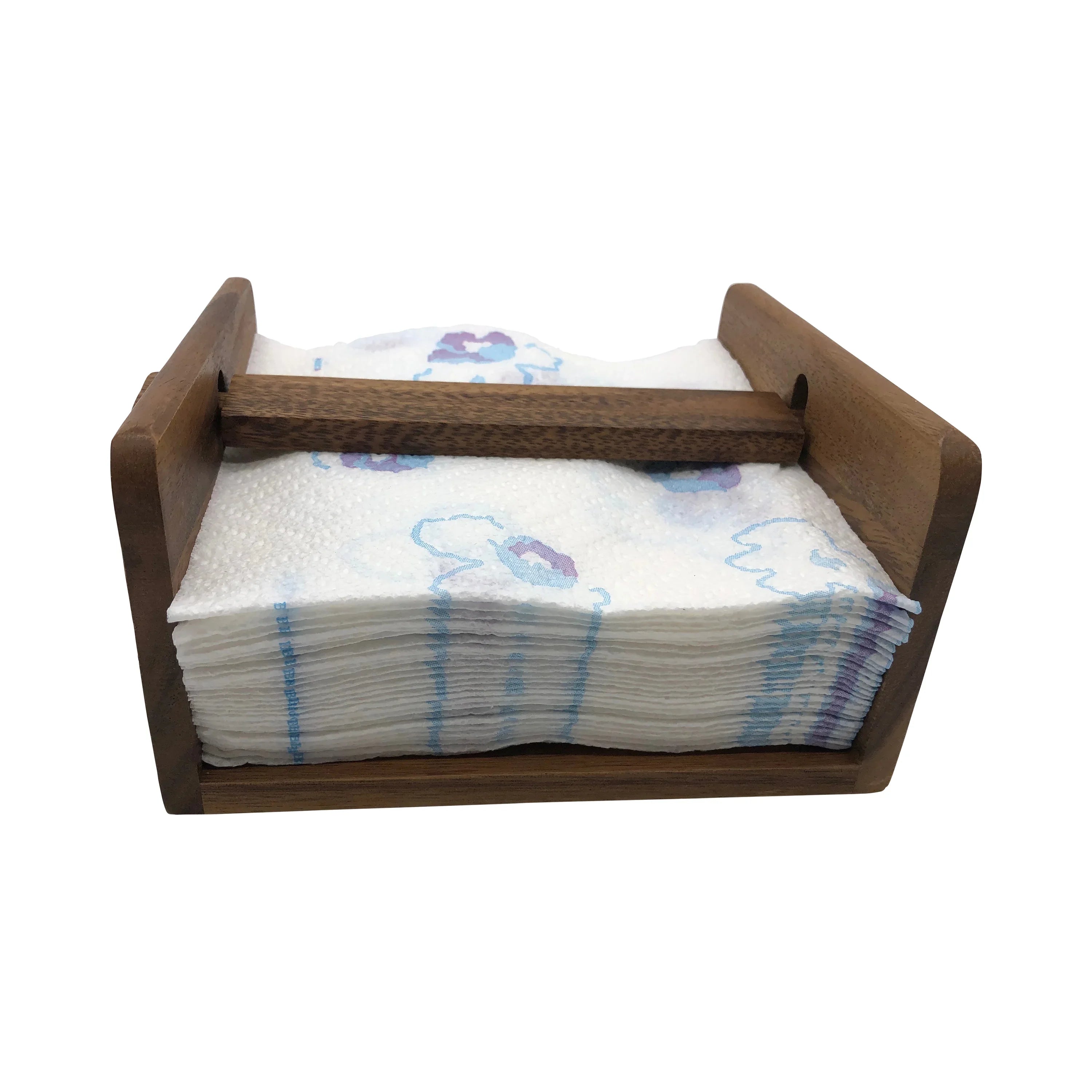 Wooden napkin holder with floral paper napkins, boutique tableware accessory