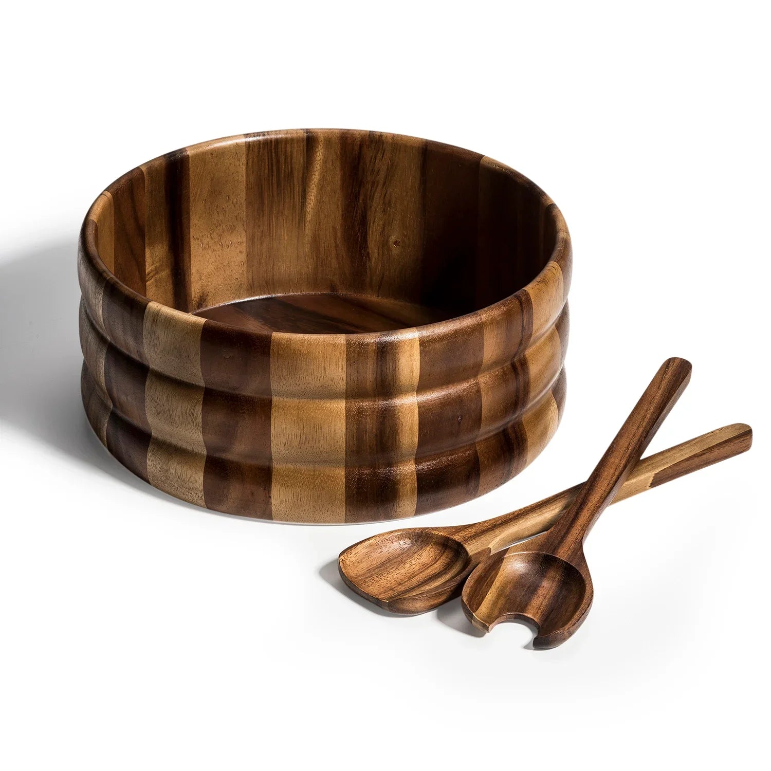 Handcrafted acacia wood salad bowl with matching serving utensils, eco-friendly gift