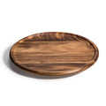 Round acacia wood serving tray with rich natural grain, on white background