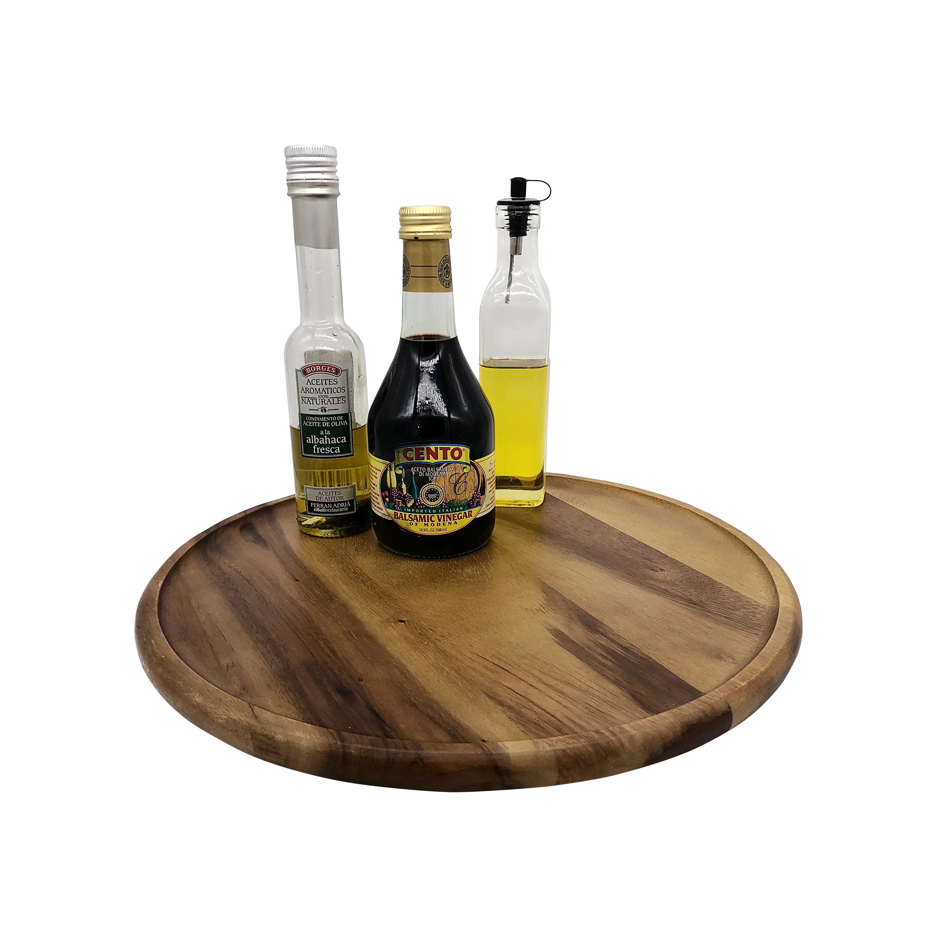 Three bottles of oil and vinegar on a round wooden serving tray, perfect for kitchen gifts