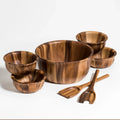 Acacia wood salad bowl set with serving utensils, artisan kitchenware at Qu!rk Boutique