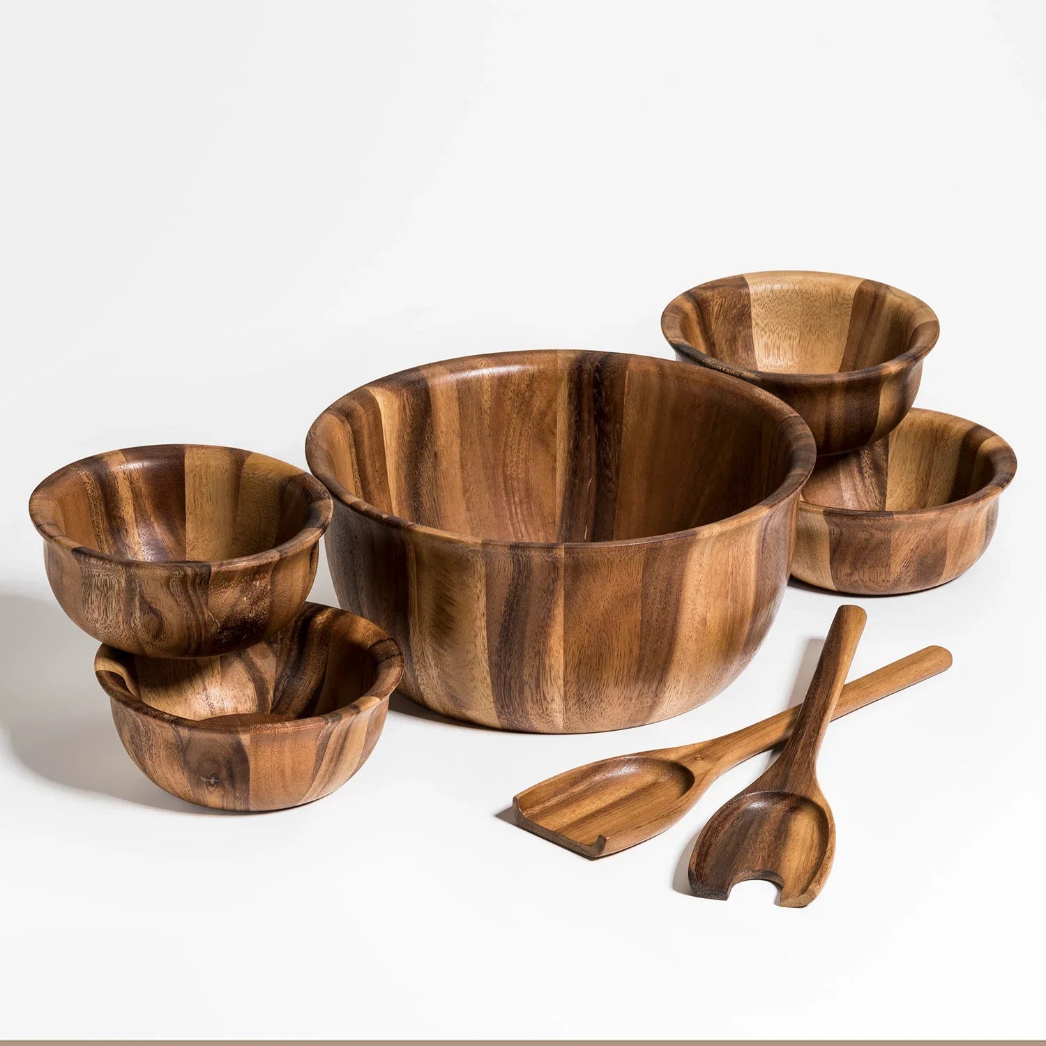 Acacia wood salad bowl set with serving utensils, artisan kitchenware at Qu!rk Boutique