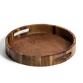 Round acacia wood serving tray with handles, sustainable home decor from Qu!rk Boutique.