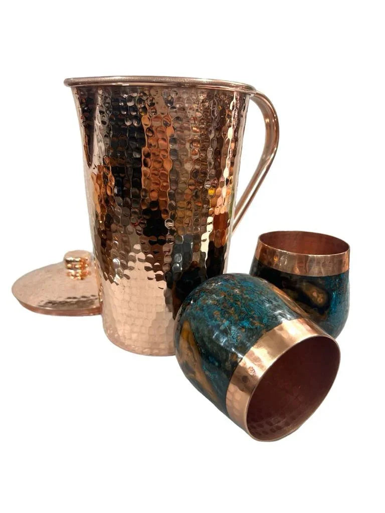 Hammered copper ice bucket with lid and two artisan blue patina copper tumblers from Qu!rk Boutique