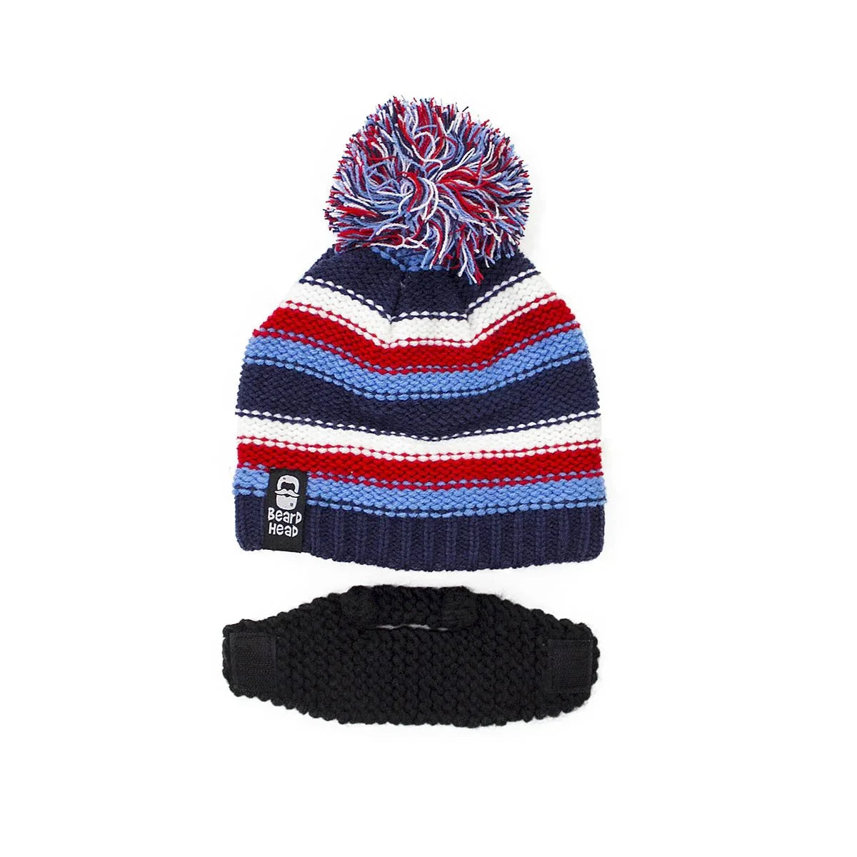 Striped knit winter hat with red, blue, and white colors and pom-pom, plus a black knit beard warmer