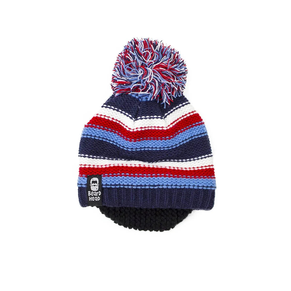 Striped knit winter beanie hat with pom-pom in navy, red, white, and blue colors