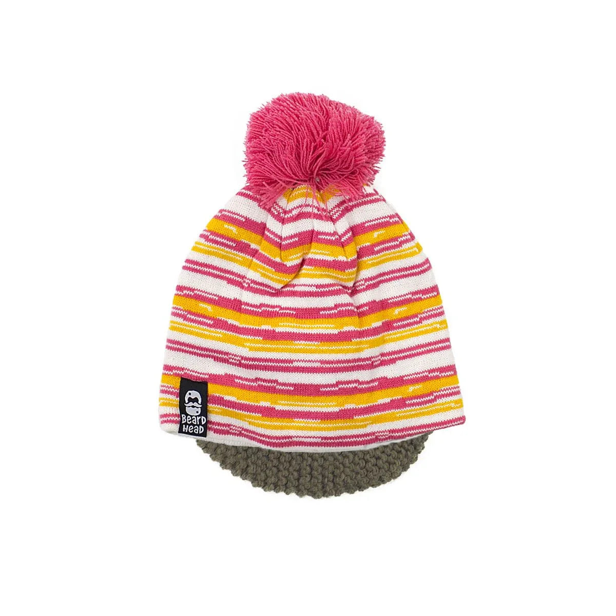 Striped knit winter beanie with pink pom-pom and brown textured brim by Beard Head