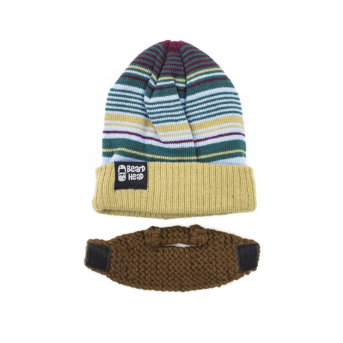 Striped knit beanie with yellow cuff and attached faux brown beard accessory