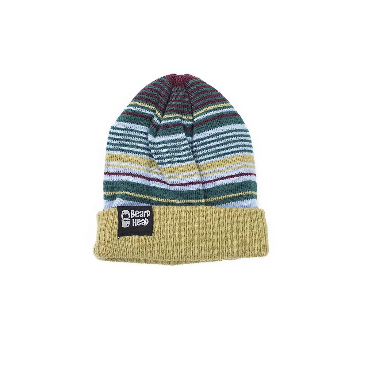Multicolor striped knit beanie hat with green, yellow, blue, maroon stripes and folded brim