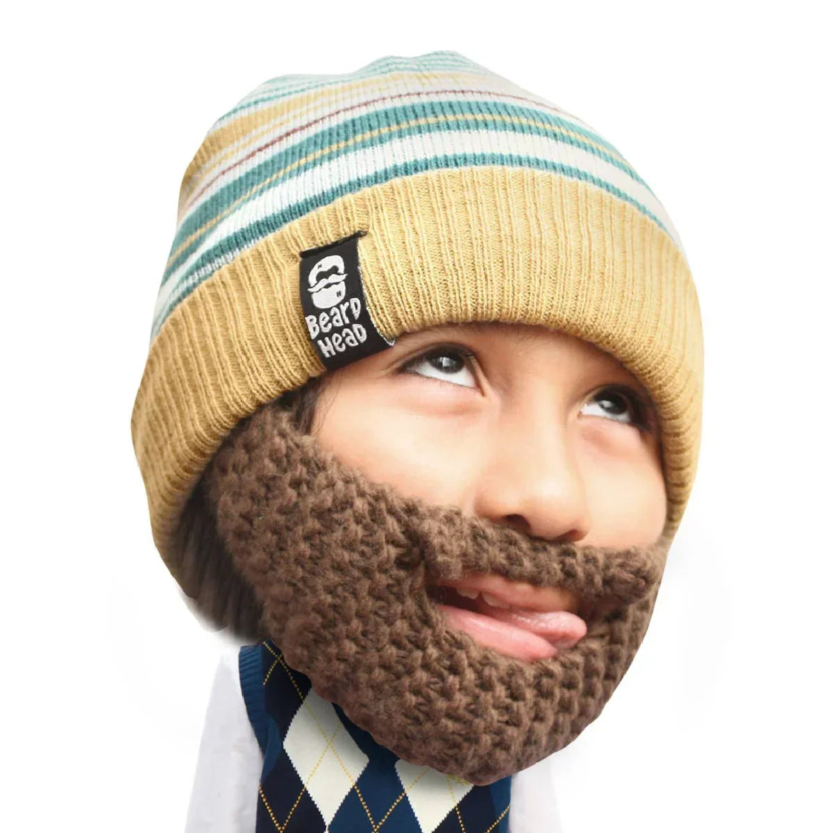 Child wearing a striped beard beanie hat with a thick knitted brown beard attachment