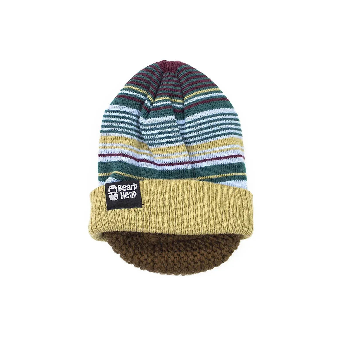 Striped knit beanie hat with fold-over cuff and brown knit beard attachment, Beard Head brand