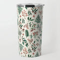 white travel tumbler with holiday greenery and red berry pattern and silver lid