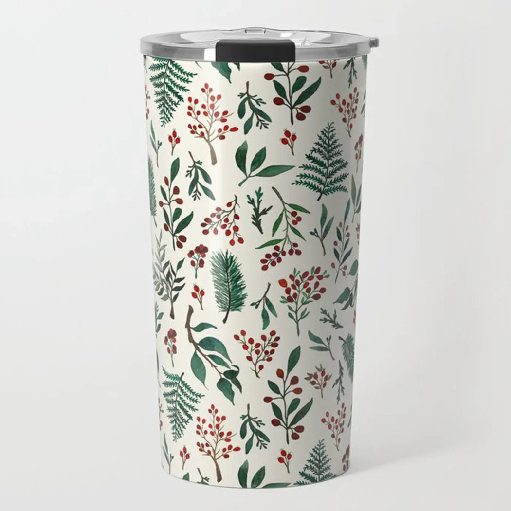 white travel tumbler with holiday greenery and red berry pattern and silver lid