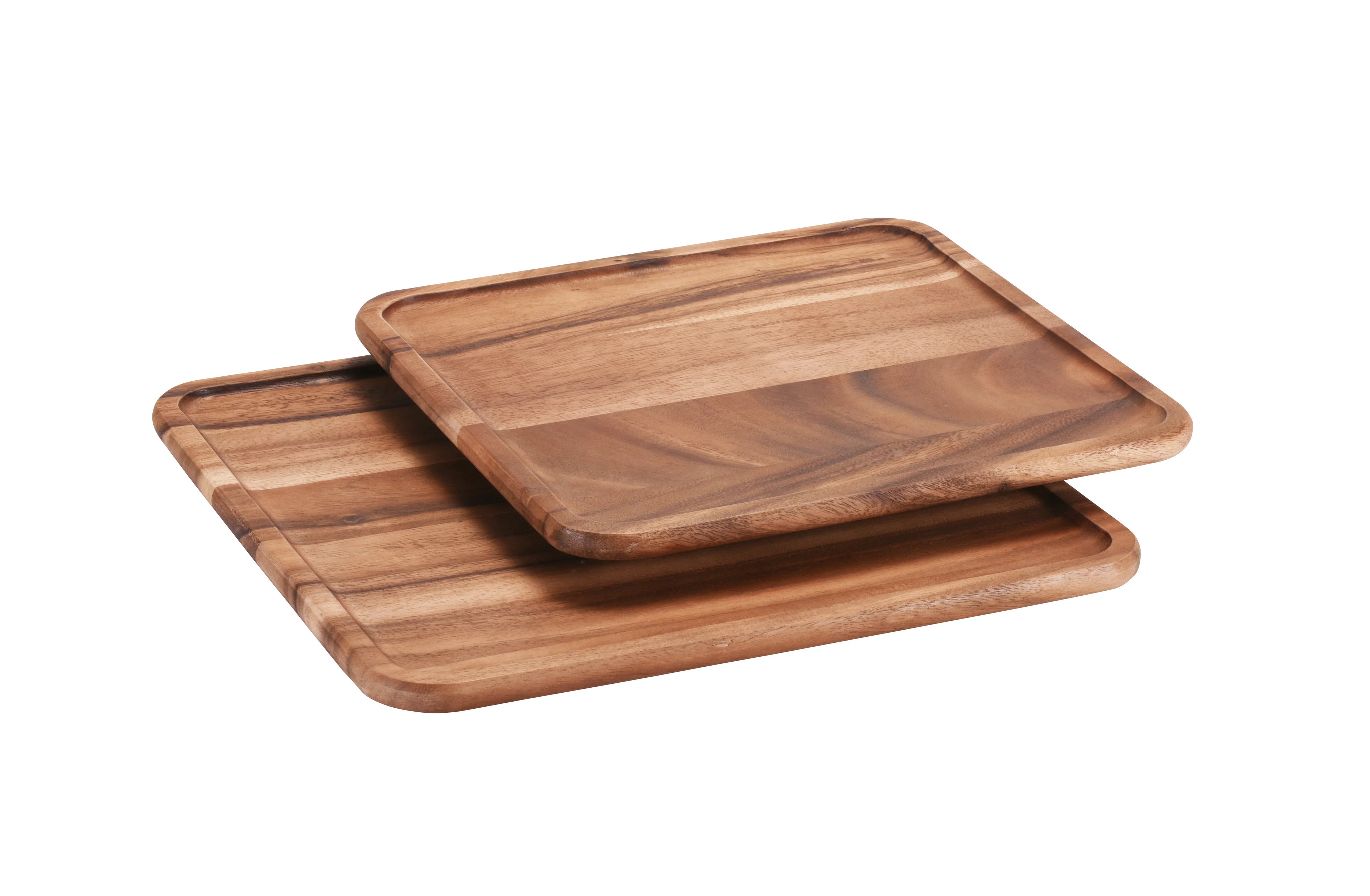 Two stacked rectangular wooden serving trays with rounded corners, natural finish