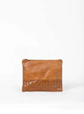 Large cognac brown pouch with woven leather detail, front view, on white background
