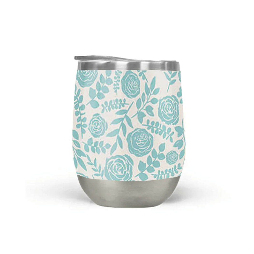 Floral stainless steel tumbler with teal and white pattern, Qu!rk Boutique gift shop