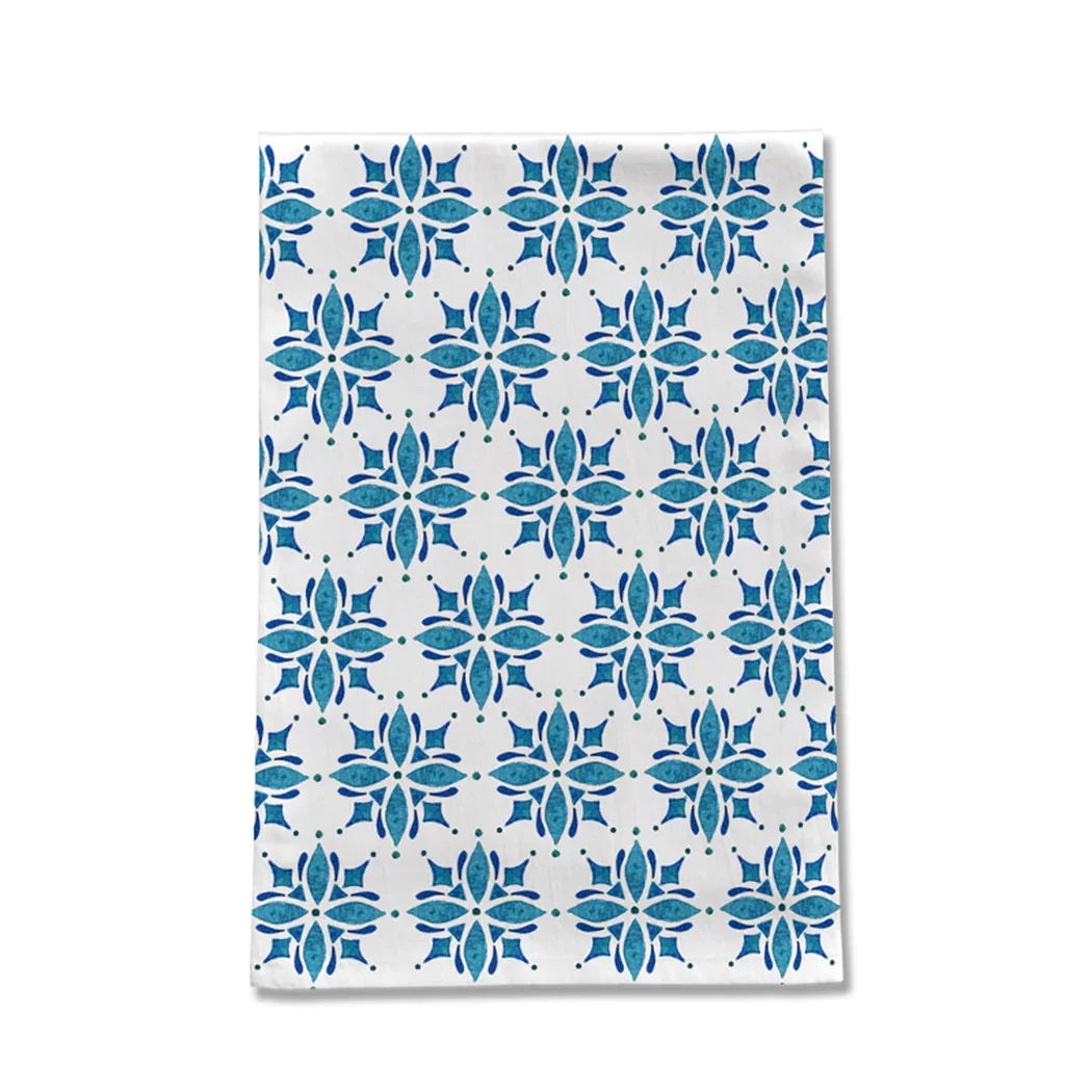 Blue floral geometric tea towel, artist-designed, Qu!rk Boutique exclusive gift