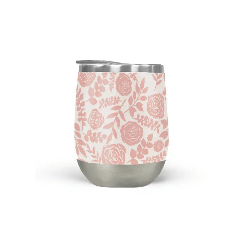 Stainless steel tumbler with pink floral design, feminine eco-friendly cup from Qu!rk Boutique