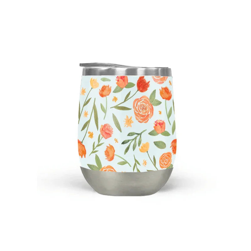 Floral insulated tumbler with orange watercolor flowers and silver base, Qu!rk Boutique gift