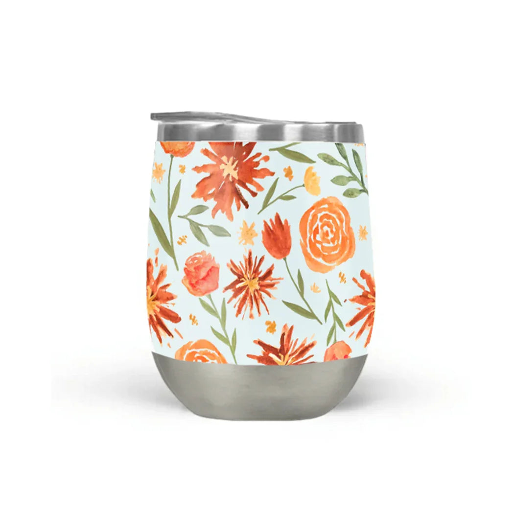 Insulated stainless steel tumbler with orange floral design, Qu!rk Boutique eco-friendly gift