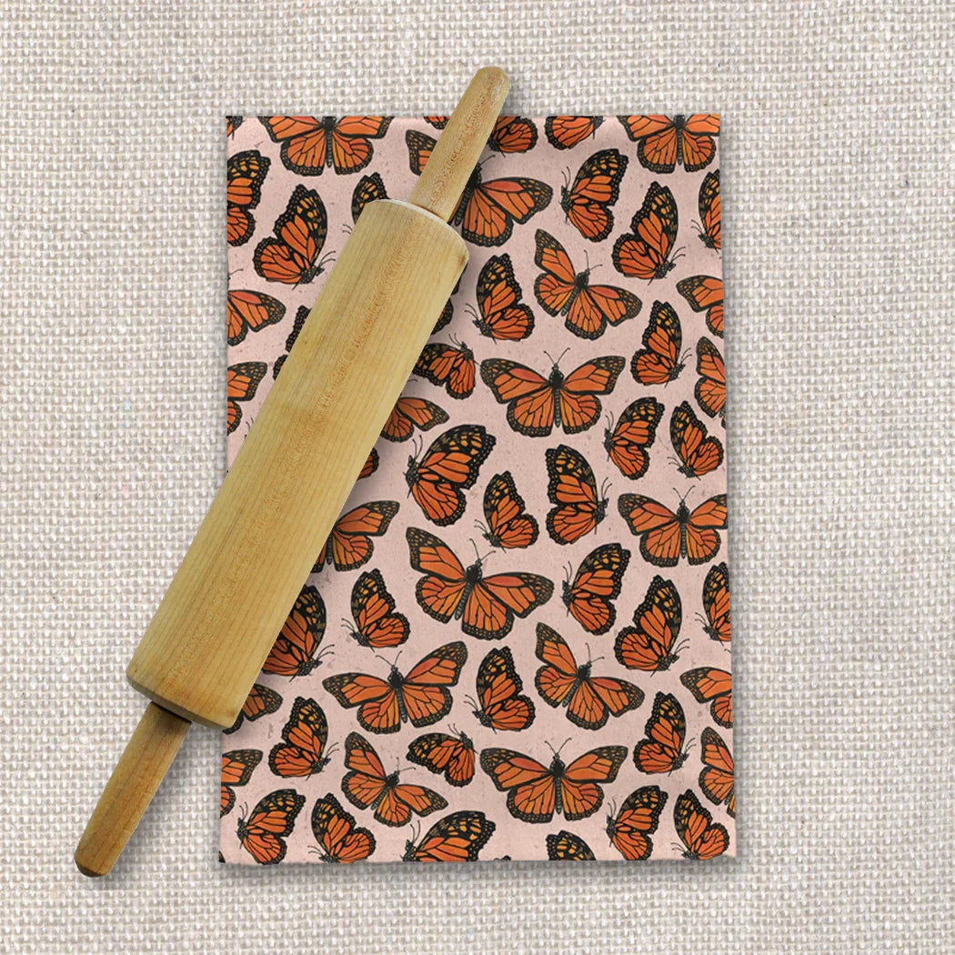 Artist-designed butterfly tea towel with rolling pin on linen, Qu!rk Boutique kitchen gift