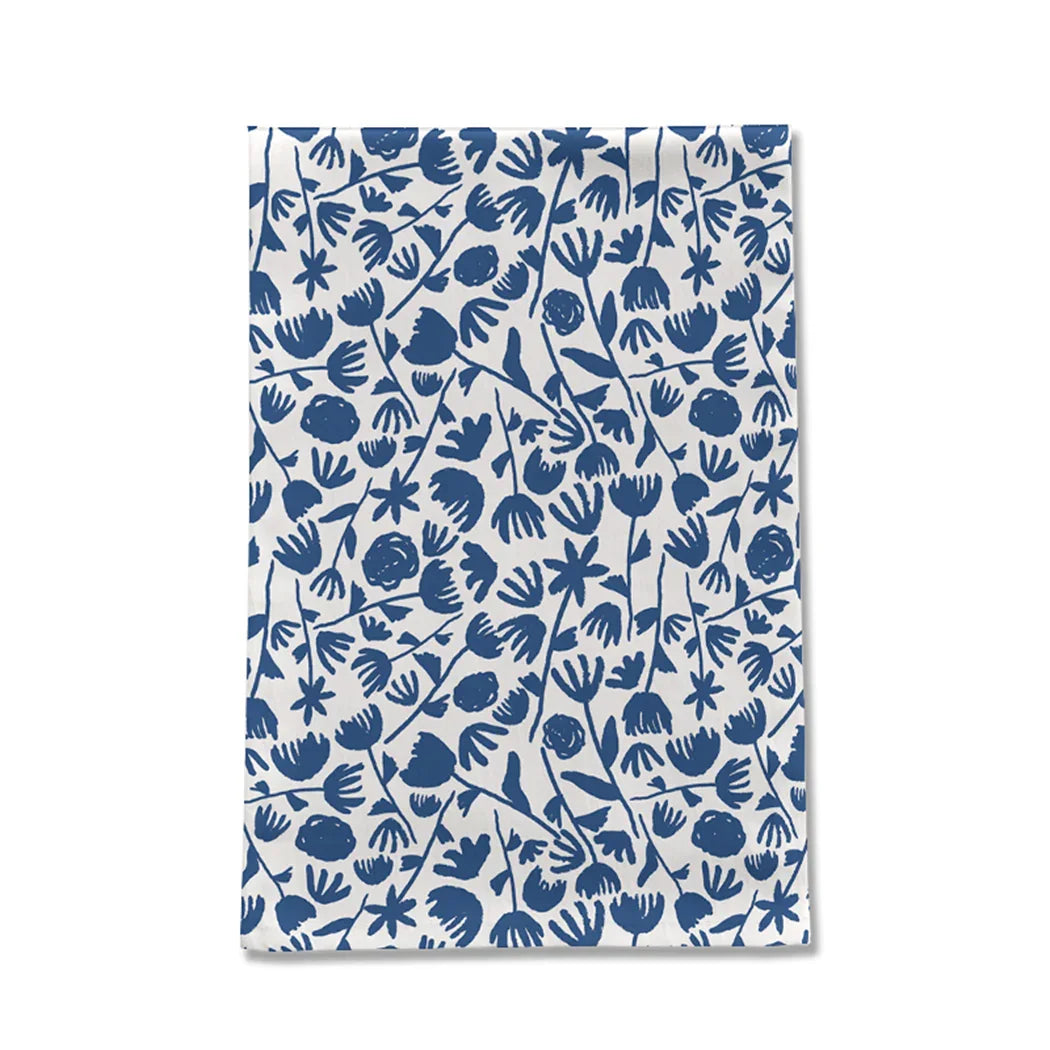 Blue botanical floral pattern tea towel, artist-designed, Qu!rk Boutique gift shop