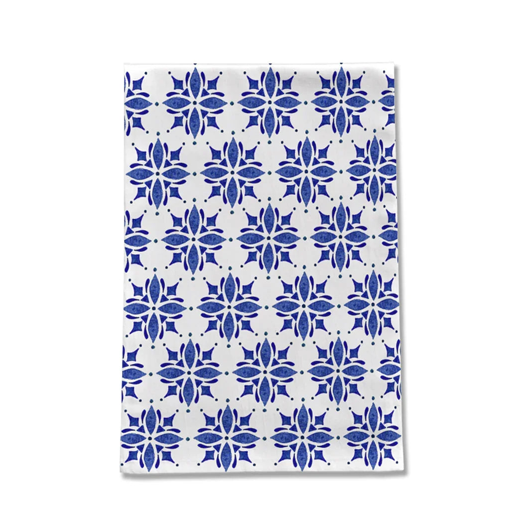 Blue floral tile print tea towel on white, artist-designed at Qu!rk Boutique
