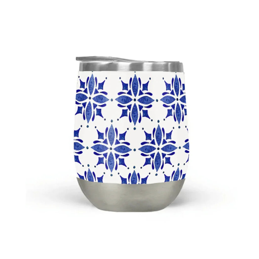 Blue floral patterned stainless steel tumbler, cosmic-inspired sustainable Qu!rk gift