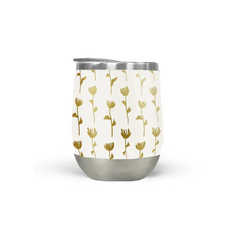 White stainless steel tumbler with gold floral pattern, Qu!rk Boutique artist-designed gift