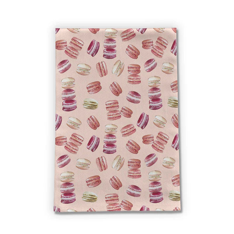 Pink tea towel with watercolor macaron pattern, quirky kitchen decor from Qu!rk Boutique