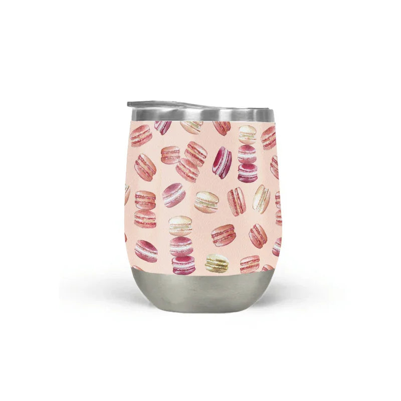 Stainless steel tumbler with pink macaron pattern, artist-designed gift from Qu!rk Boutique
