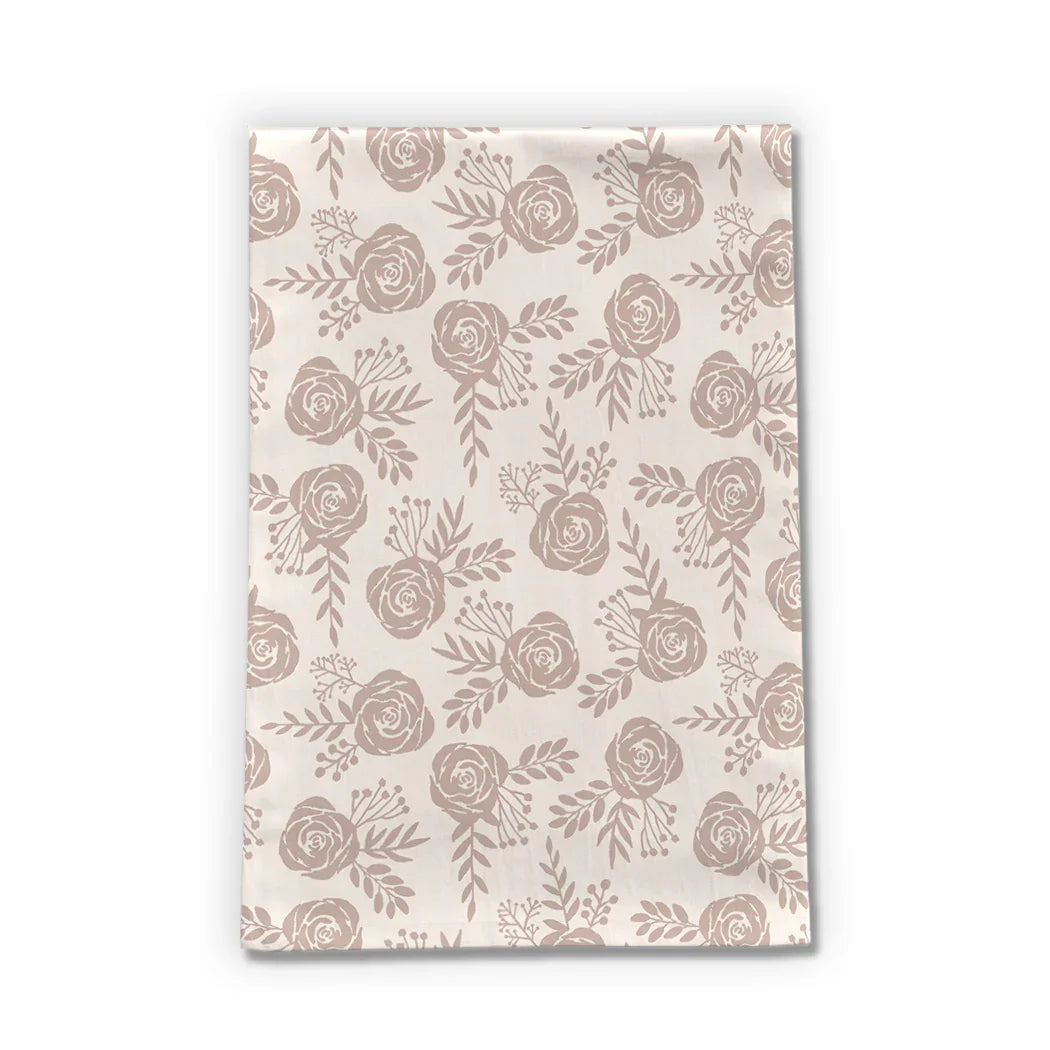 Neutral floral tea towel with rose pattern, artist-designed, Qu!rk Boutique home gift