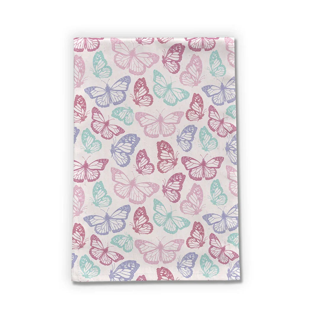 Pastel butterfly print tea towel from Qu!rk Boutique, artist-designed, whimsical home decor