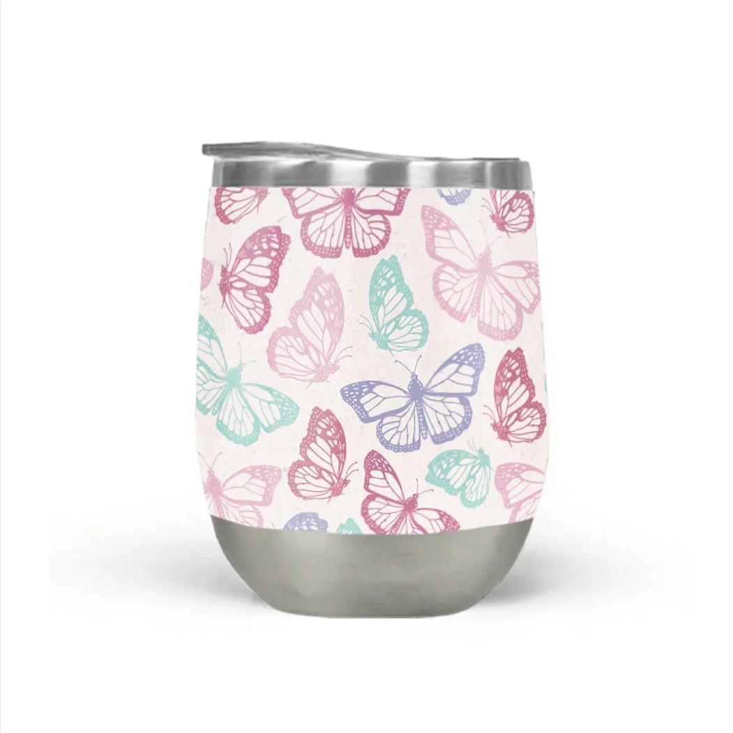 Stainless steel tumbler with pastel butterfly print, artist-designed at Qu!rk Boutique