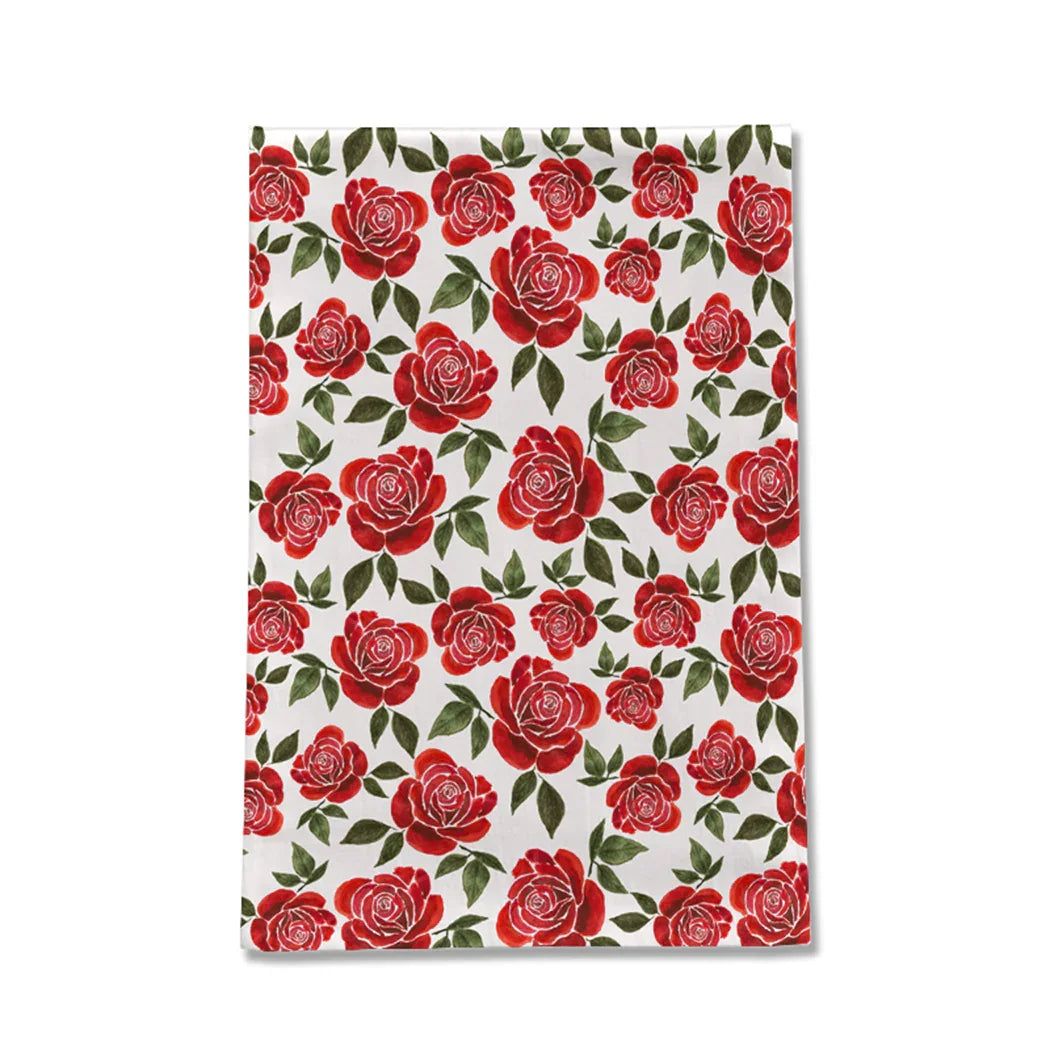 Floral tea towel with red rose pattern and green leaves, Qu!rk Boutique artist-designed gift