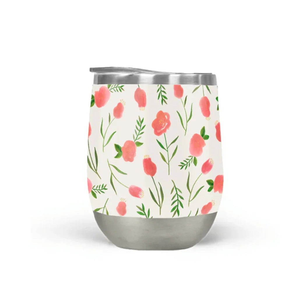 Stainless steel tumbler with pink floral and green leaf pattern, artist-designed gift at Qu!rk Boutique
