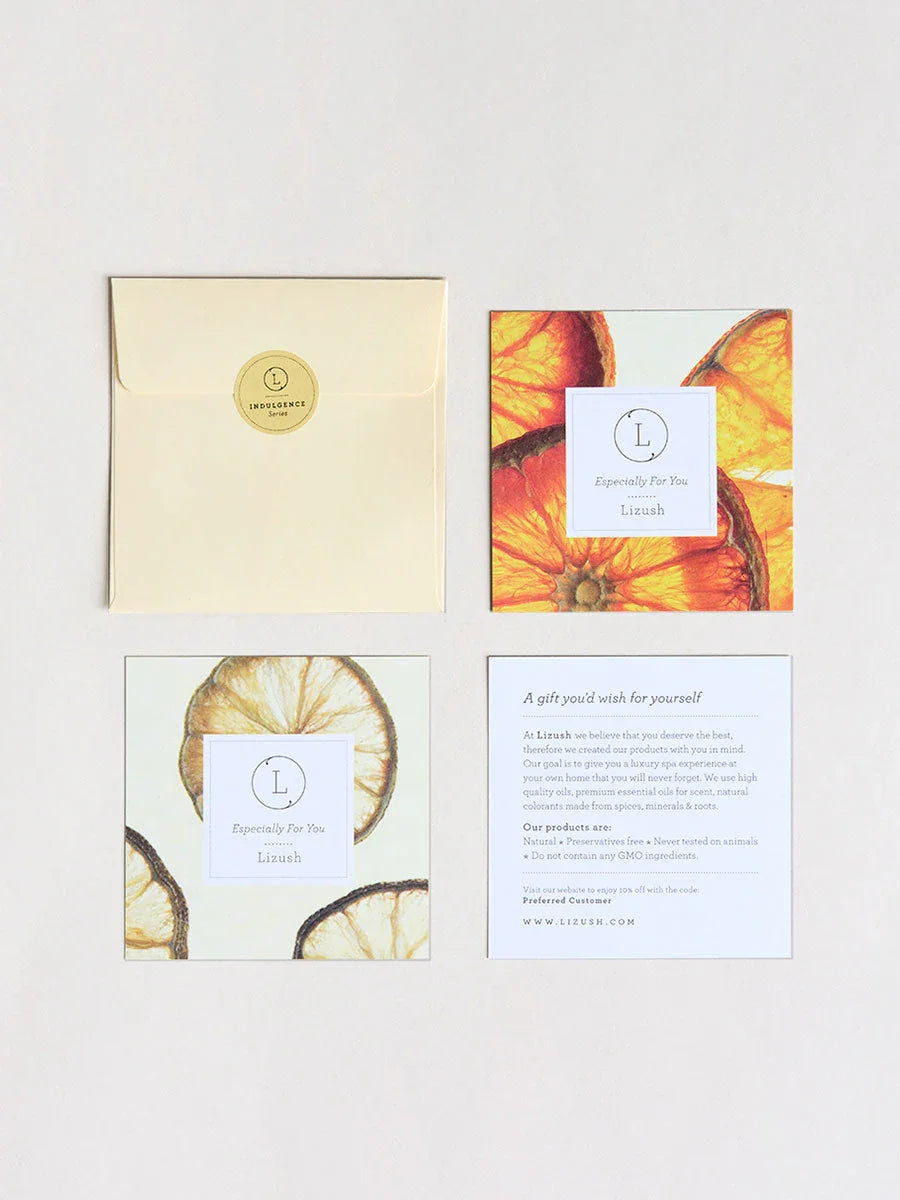 Lizush brand orange and lemon themed product cards with beige envelope and product info text