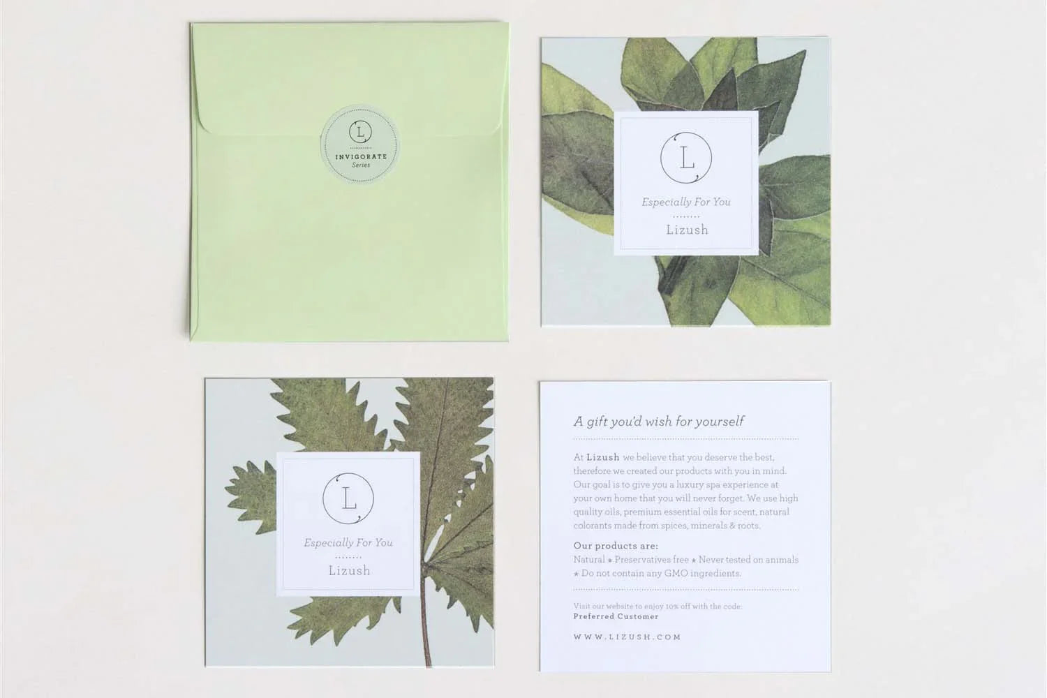 Lizush green envelope and floral-themed square cards with spa product details and brand logo