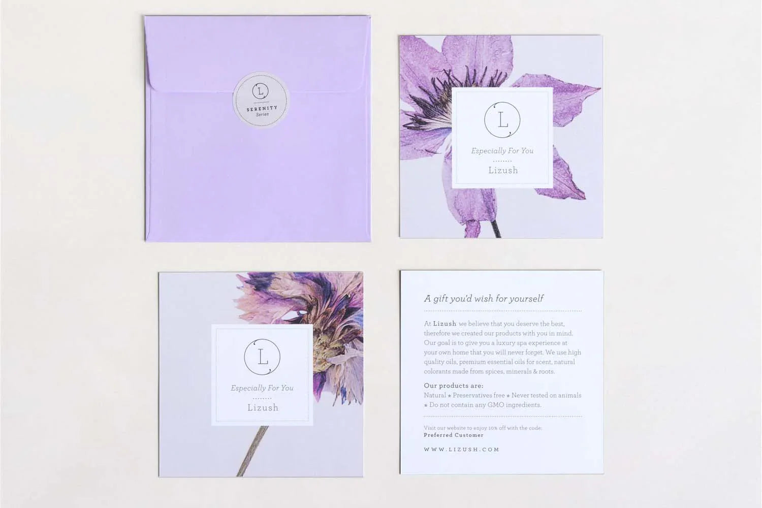 Purple envelope and Lizush floral-themed cards promoting natural luxury spa products