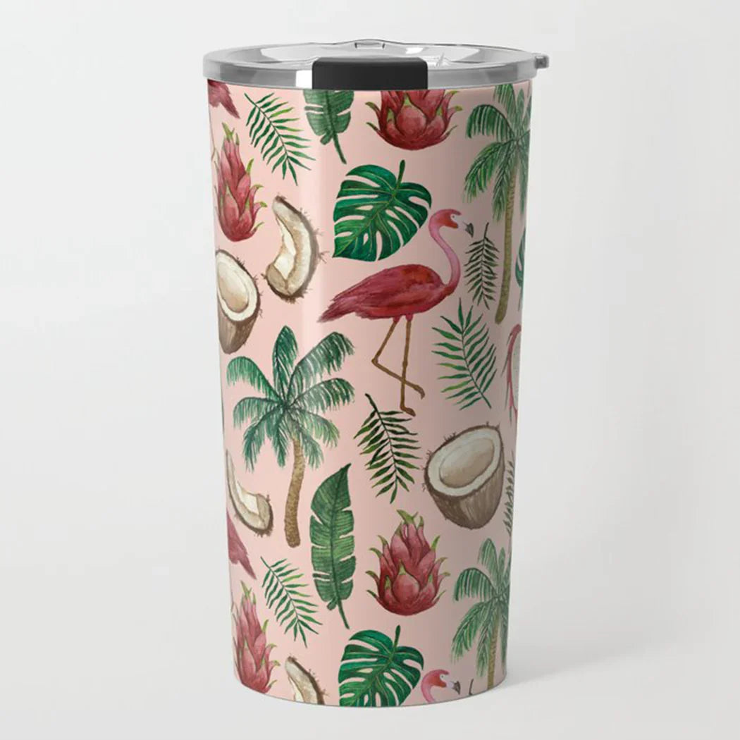 Pink tropical insulated tumbler with flamingo, palm trees, coconuts, and tropical leaves design