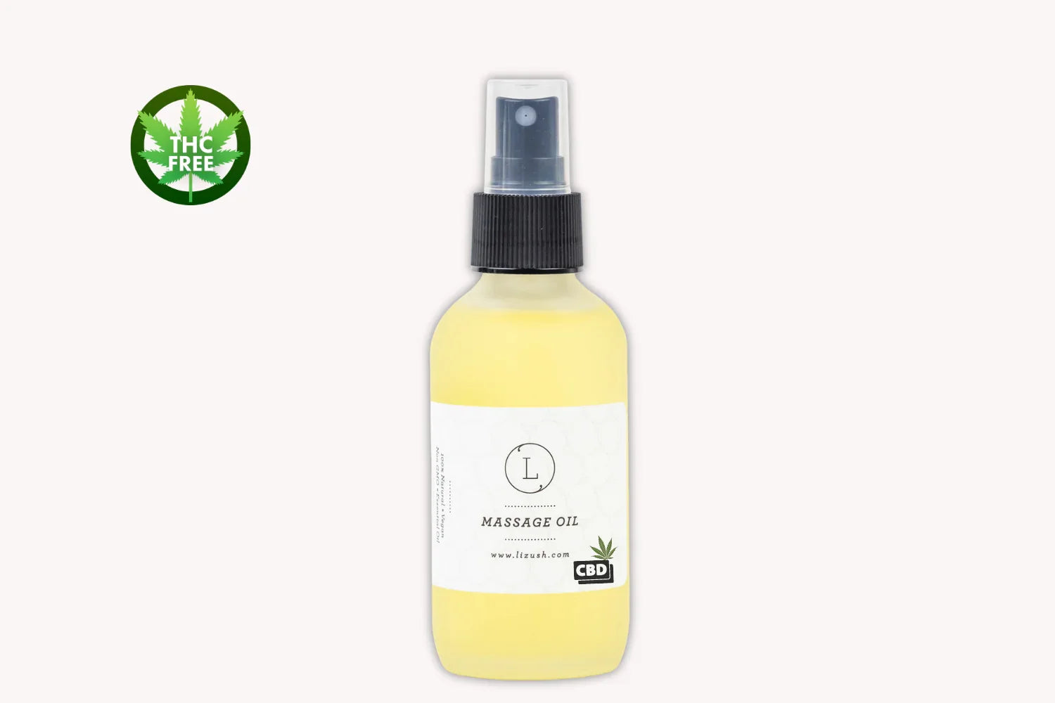CBD massage oil spray bottle labeled THC free with cannabis leaf icon