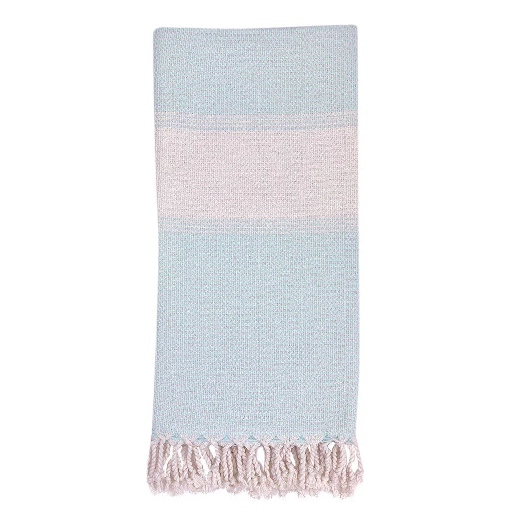 Mint stripe Turkish towel with white woven accents and fringe, Qu!rk Boutique gift