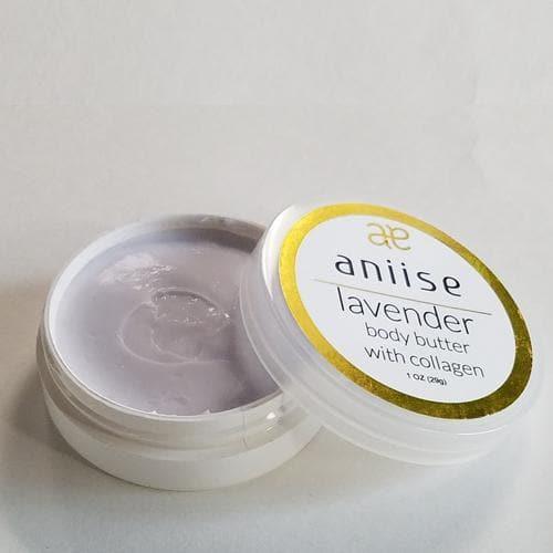 Open jar of Anise lavender moisturizing body butter cream with collagen on a white background