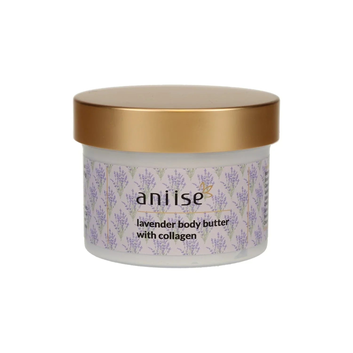 Aniise lavender body butter with collagen in a gold lid jar, botanical packaging, Qu!rk Boutique