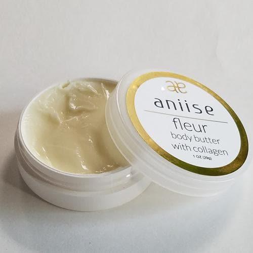 Aniise Fleur body butter with collagen in an open jar, creamy texture, boutique skincare