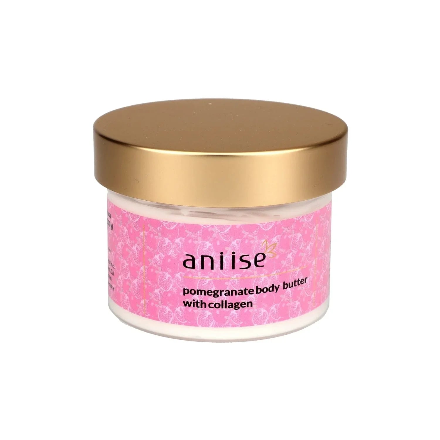 Aniise moisturizing pomegranate body butter with collagen in pink jar, gold lid, on white background