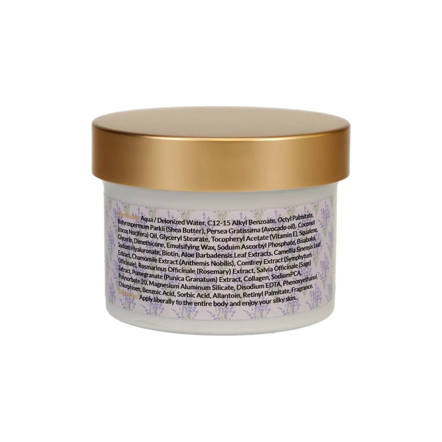 Moisturizing body butter cream with collagen in a clear jar, gold lid, Qu!rk Boutique product